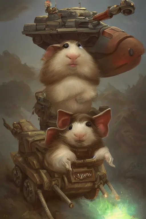 Image similar to cute little anthropomorphic Guinea Pig driving a tank, tiny, small, short, American tanker outfit, cute and adorable, pretty, beautiful, DnD character art portrait, matte fantasy painting, DeviantArt Artstation, by Jason Felix by Steve Argyle by Tyler Jacobson by Peter Mohrbacher, cinematic lighting