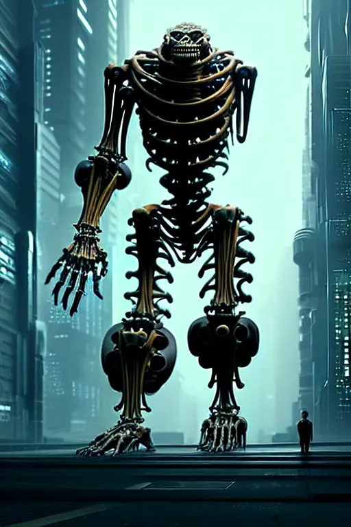 Prompt: photograph of a monstrous, bulky biomechanical creature that has a humanoid face, cinematic, realistic, hyperdetailed, futuristic, cyberpunk