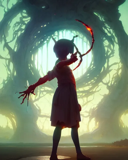 Image similar to highly detailed vfx portrait of a mage casting a blood spell, unreal engine, greg rutkowski, loish, rhads, beeple, makoto shinkai and lois van baarle, ilya kuvshinov, rossdraws, tom bagshaw, alphonse mucha, global illumination, detailed and intricate environment