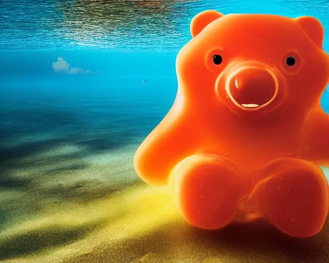 Image similar to a giant sculpture of a giant gummy bear on the surface of the ocean, award winning, hyper - realistic, very detailed, realistic water, ray tracing, 8 k resolution, long - shot, sharp focus, low angle, 8 5 mm photograph, wide lens