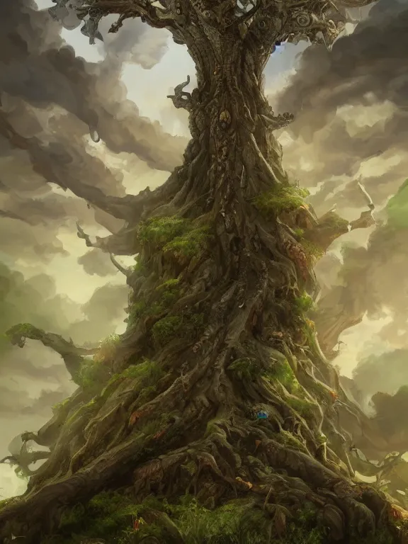 Image similar to tall yggdrasil, tall tree, fantasy art, warhammer fantasy setting, clouds detailed, digital art, wallpaper, fantastically beautiful, artstation, 8 k