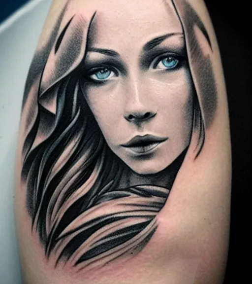 Image similar to tattoo design sketch of a beautiful blue - eyed woman face with a faded background of beautiful mountains and nature on her side, hyper - realistic, in the style of den yakovlev, amazing detail, black and white