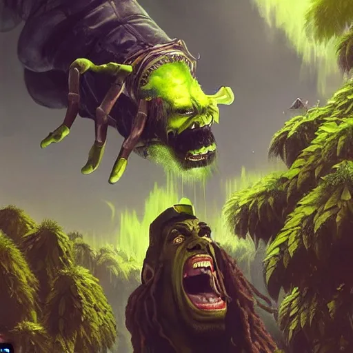 Prompt: snoop dog as hulk fights giant ganja plant, highly detailed, concept art, art by wlop and artgerm and greg rutkowski, masterpiece, trending on artstation, 8 k