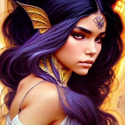 Image similar to madison beer as a fantasy magic woman portrait, sci - fi, amber eyes, face, long hair, fantasy, intricate, elegant, highly detailed, digital painting, artstation, concept art, smooth, sharp focus, illustration, art by artgerm and greg rutkowski and alphonse mucha