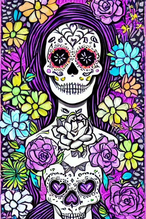 Prompt: illustration of a sugar skull day of the dead girl, art by paul tinman