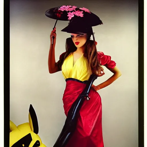 Image similar to elegant woman dressed up as pikachu, art photo by Annie Liebovitz and Alphonse Mucha