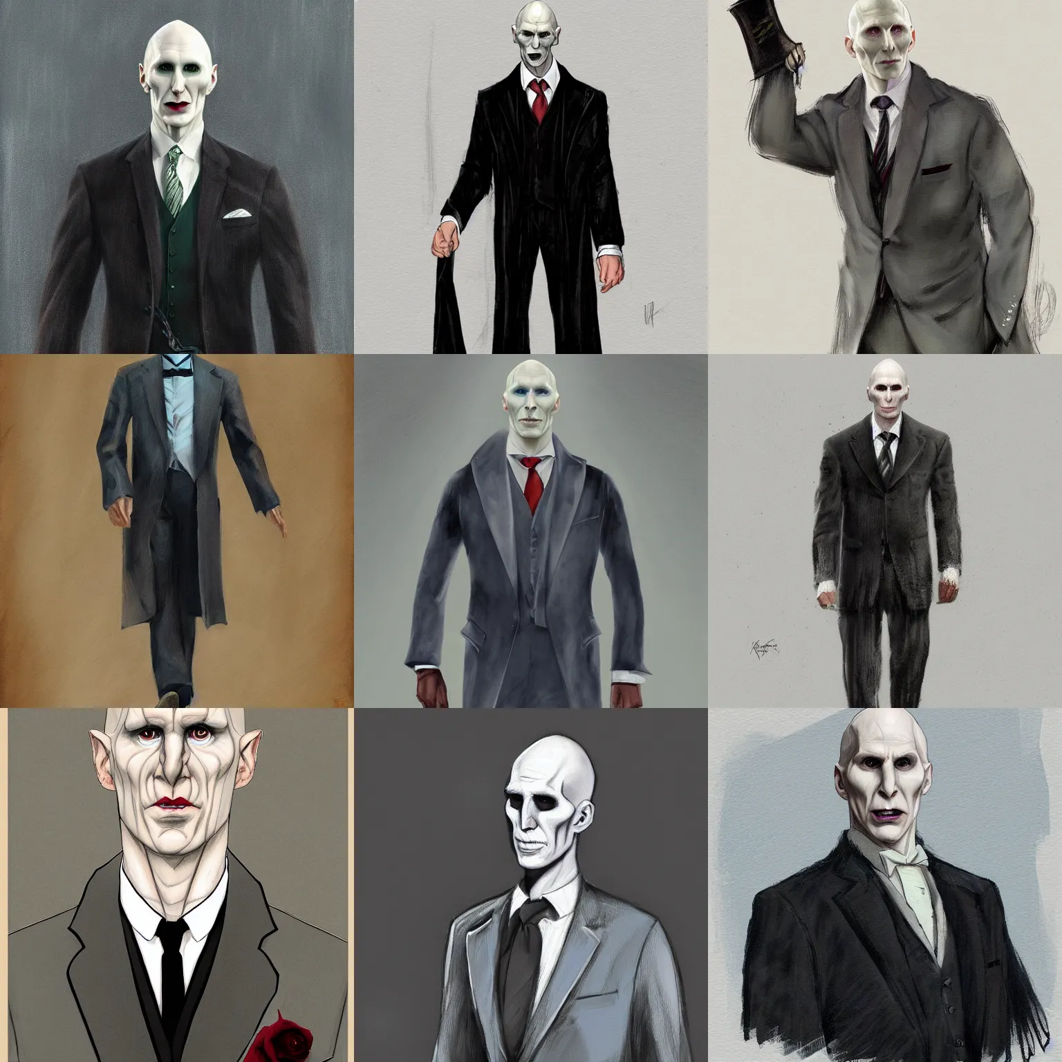 Prompt: a beautiful artwork of Voldemort in a three-piece suit by Everett Raymond Kinstler featured on artstation