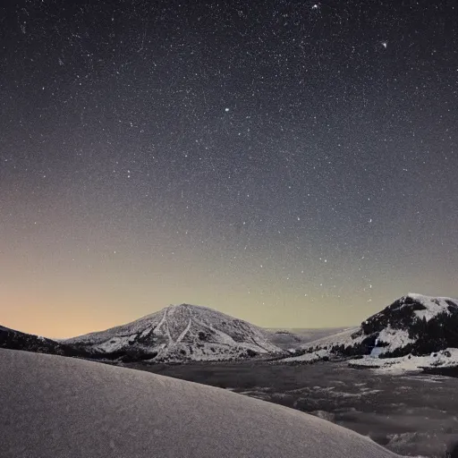 Prompt: calming relaxing snowy mountain silhouetted against a dark starry night sky from a distance