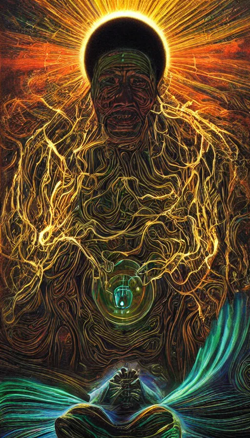 Image similar to portrait of a digital shaman, by david a. hardy