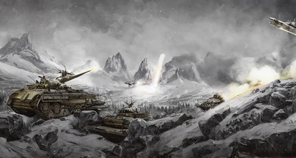 Image similar to snowy mountain, second world war fighting against ufo, aliens, tanks, jet fighters, missiles, with anti aircraft guns, with fire and smoke in the background by eugene von guerard, ivan shishkin, dramatic lighting, concept art, trending on artstation, 8 k