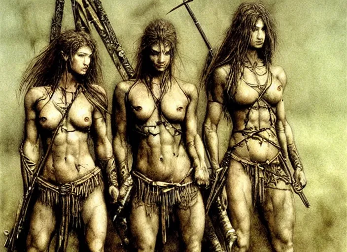 Image similar to young muscular female warriors in tribal painting by Beksinski, Luis Royo, Arthur Rackham