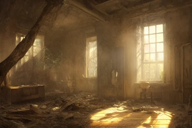 Image similar to the interior of an old abandoned house, an old oak tree grows inside the house, golden rays of sunlight enter through the window, digital art, trending on artstation, matte painting, concept art, drawn by greg rutkowski, inspired by johannes vermeer, warm colors