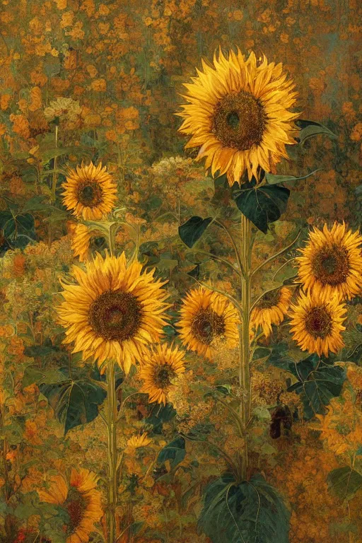 Prompt: an intricate artistic painting of a beautiful wallpaper art pattern made of elegant sunflowers with painterly motives and textures, hyper detailed, octane render, vivid colors, artstation, by jeremy mann, by alphonse mucha