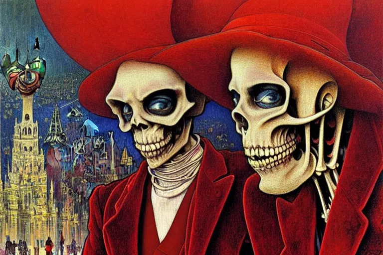 Image similar to realistic detailed closeup portrait painting of a single skeleton wearing red velvet blazer in a crowded futuristic moscow street by Jean Delville, Amano, Yves Tanguy, Alphonse Mucha, Ernst Haeckel, Edward Robert Hughes, Roger Dean, rich moody colours, blue eyes