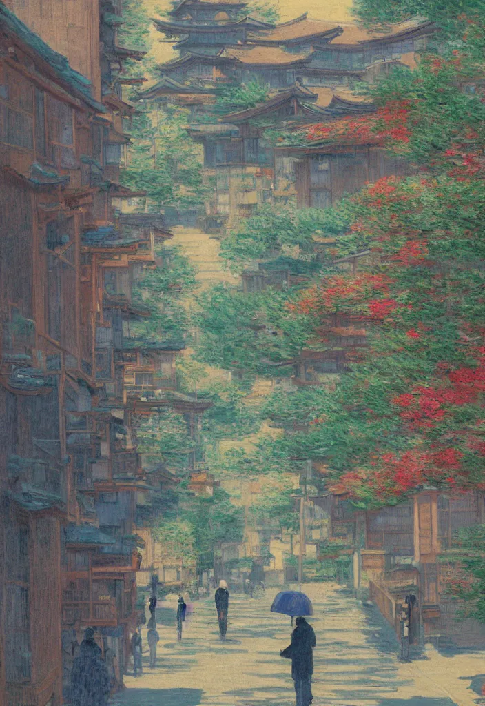 Image similar to a beautiful japanese city in the mountain, amazing ryokans and gorgeous edo era houses, epic cyberpunk, lofi vibe, colorful, vivide colors, amazing light, really beautiful nature, oil painting in impressionist style, by jeremy lipkin, by claude monet, by makoto shinkai, by van gogh, multiple brush strokes, inspired by ghibli, masterpiece, beautiful