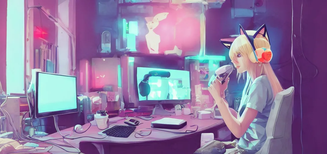 Image similar to a blond woman with cat ear headphones, sitting in front of computer, gamer, computer nerd, cute room, neon lights, gamer aesthetic, lofi vibes, strong crisp lineart and flat color, by ilya kuvshinov, krenz cushart, Greg Rutkowski, trending on artstation