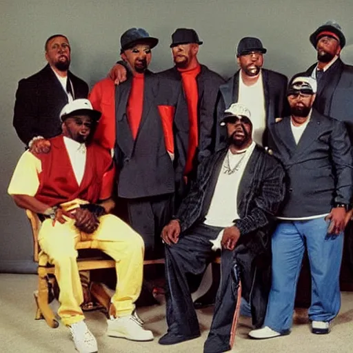 Prompt: old school rappers pose for a group photo