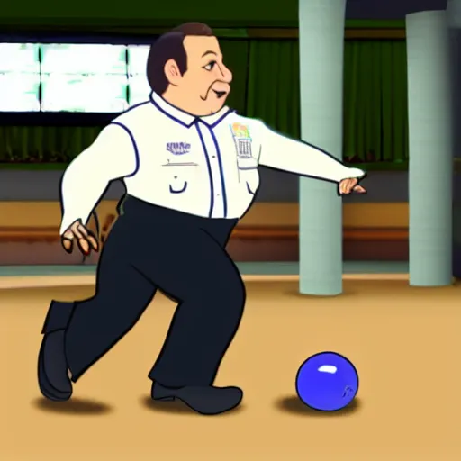 Prompt: Paul Blart bowling, animated, drawn like a Disney cartoon.