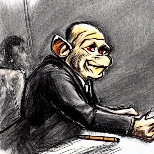 Prompt: a vivid courtroom sketch of a goblin testifying on trial,