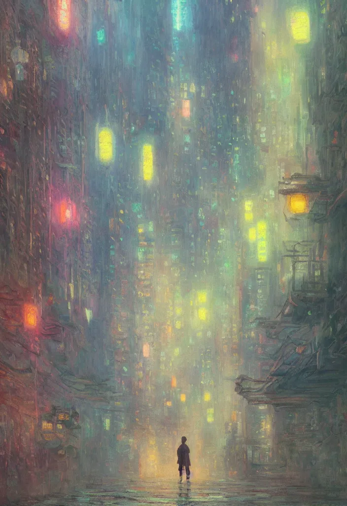 Prompt: a beautiful futuristic city in the clouds, amazing ryokans and gorgeous edo era houses, epic cyberpunk, lofi vibe, colorful, vivide colors, amazing light, really beautiful nature, oil painting in impressionist style, by jeremy lipkin, by claude monet, by makoto shinkai, multiple brush strokes, inspired by ghibli, masterpiece, beautiful