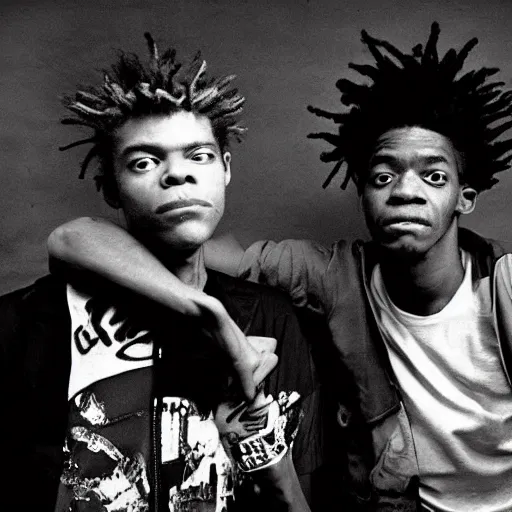 Image similar to medium format photo of jean - michel basquiat and kurt cobain photographed by annie leibovitz in a hi end photo studio, photorealistic, atmospheric,