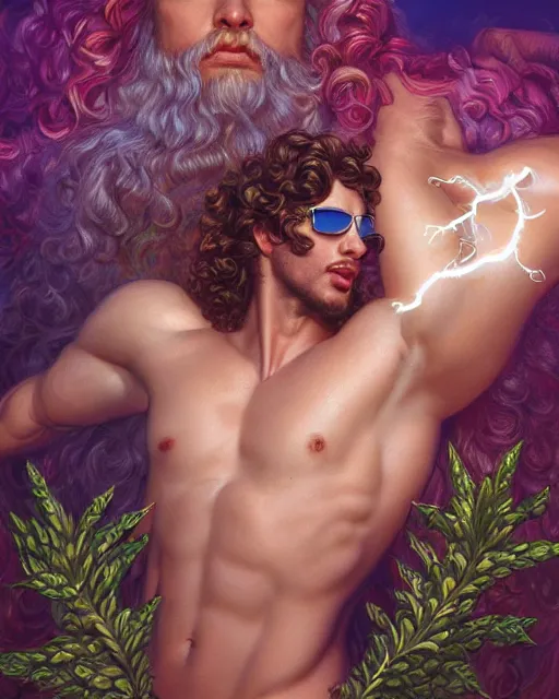 Prompt: portrait of glamor greek god zeus | wearing sunglasses and a laurel wreath | curly hair, beard | lightning storm background | highly detailed | very intricate | professional model | cinematic lighting | painted by donato giancola and mandy jurgens and charlie bowater | bold colors, artdeco, art deco synthwave anime aesthestic, 8 0 s nostalgia | featured on artstation