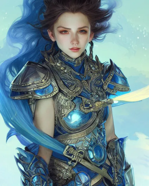 Image similar to Portrait of a Fantasy azure knight, moonlit, HD, illustration, epic, D&D, fantasy, intricate, elegant, highly detailed, digital painting, artstation, concept art, smooth, sharp focus, illustration, art by artgerm and greg rutkowski and alphonse mucha, monster hunter illustrations art book