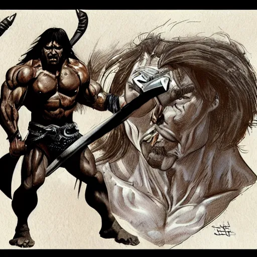 Image similar to concept art conan the barbarian doing bicep curls with heavy weight