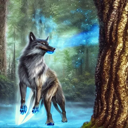 Image similar to humanoid wolf holding an bow and arrow in hand in an enchanted forest with a blue hue and blue fireflie and a waterfall in the distance that magically glows blue, insanely detailed, hyper realistic