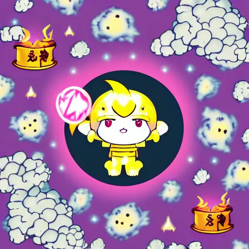 Image similar to kawaii wacky fluffy popcorn with lightning bolt power, yokai, in the style of a manga character, with a smiling face and flames for hair, sitting on a lotus flower, white background, simple, clean composition, symmetrical