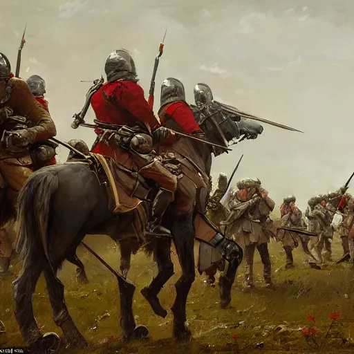 Image similar to two armies prepare for battle in the style of Jakub Rozalski