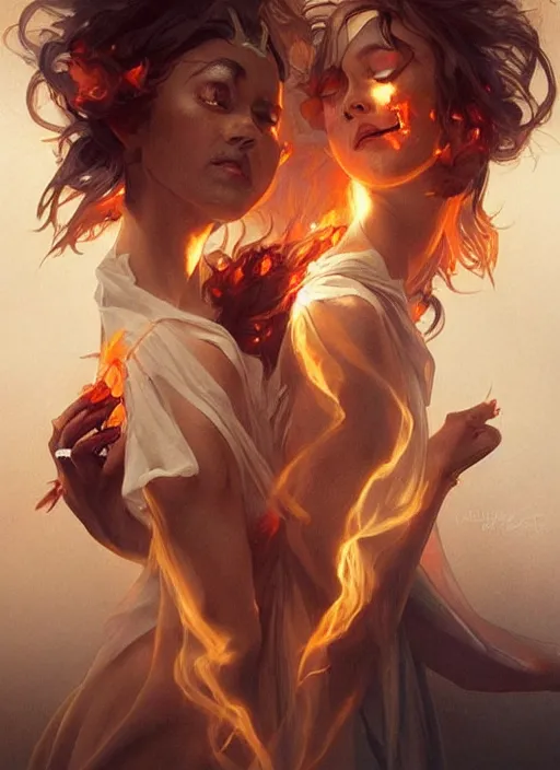 Prompt: a couple of spirits made of fire and smoke, beautiful high quality realistic fantasy art, trending on artstation by artgerm and greg rutkowski and alphonse mucha