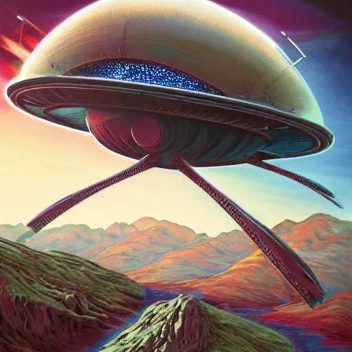 Prompt: By Jim bush and ed repka, air brush illustration of a vintage alien ship landing on an alien planet, retro futuristic, science fantasy, symmetry accurate features, very intricate details, artstation