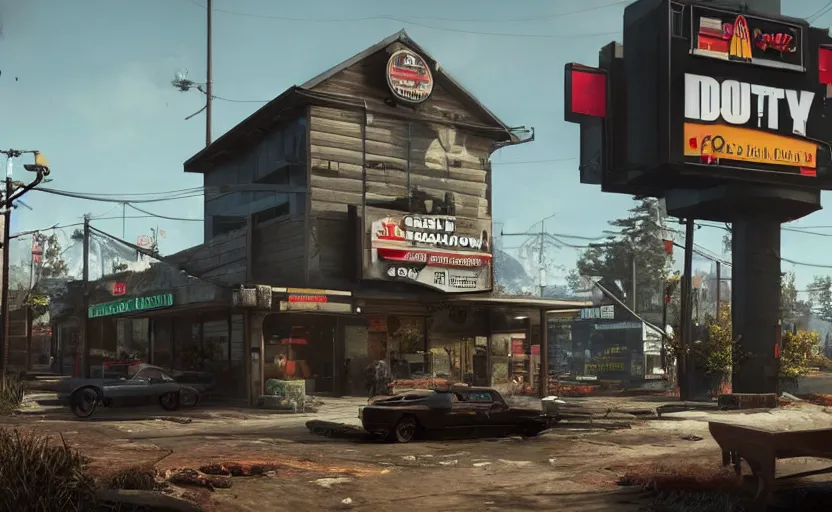 Image similar to A McDonald's restaurant as a Call of Duty map, team deathmatch, call of duty screencap, 8k resolution, gaming screenshot, unreal engine, hyperrealism matte painting by Simon Stalenhag