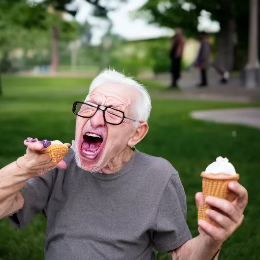 Image similar to portrait of an elderly man screaming at an icecream, canon eos r 3, f / 1. 4, iso 2 0 0, 1 / 1 6 0 s, 8 k, raw, unedited, symmetrical balance, wide angle