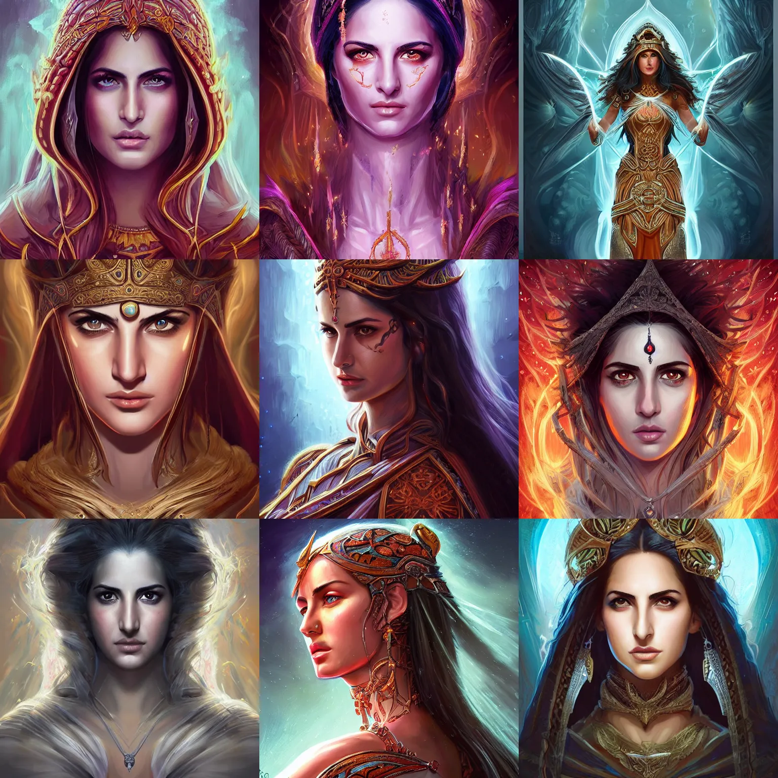 Prompt: head-on centered symmetrical painted portrait, Katrina Kaif as a D&D Lightning Mage, intricate fantasy robes, fantasy, intricate, elegant, highly detailed, digital painting, smooth, sharp focus, illustration, dramatic lighting, artstation, in the style of Artgerm and Anna Podedworna and Alex Ross