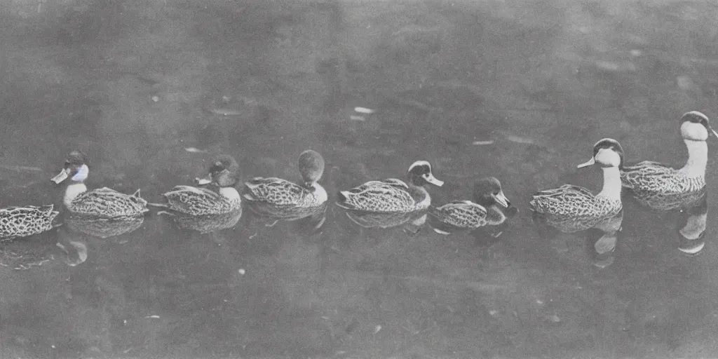 Prompt: 1920s photograph of a line of different size ducks, ascending order, 108 megapixels, realistic