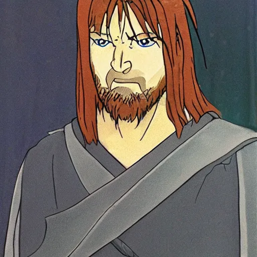 Image similar to boromir from the anime lord of the rings (1986), ginger hair, looking serious, some beard, studio ghibli, very detailed, realistic