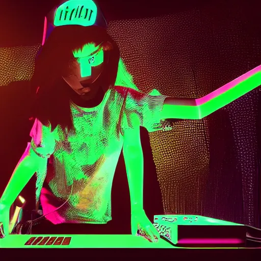 Image similar to grimes on stage djing, volumetric neon lights in the background, gleaming, 3 5 mm photography, portrait!!!!!!, trending on artstation, 4 k, 8 k, zbrush, mannerism