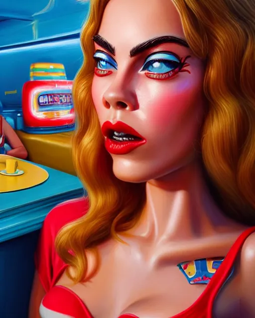 Prompt: closeup profile face profile portrait of a tin toy cara delevigne as a waitress in a diner, bikini, hyper realistic, artstation, illustration, concept art by dan decarlo, digital paint, matte paint, vivid colors, bright, cheerful, detailed and intricate environment