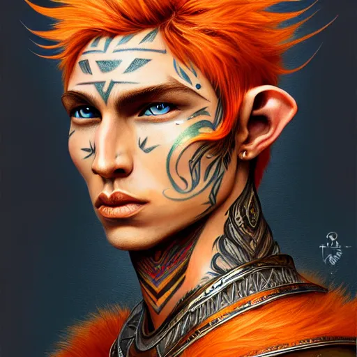 Image similar to portrait painting of an elven young man with short light orange hair and tribal tattoos on his face wearing fur armor, sharp focus, award - winning, trending on artstation, masterpiece, highly detailed, intricate. art by terese nielsen