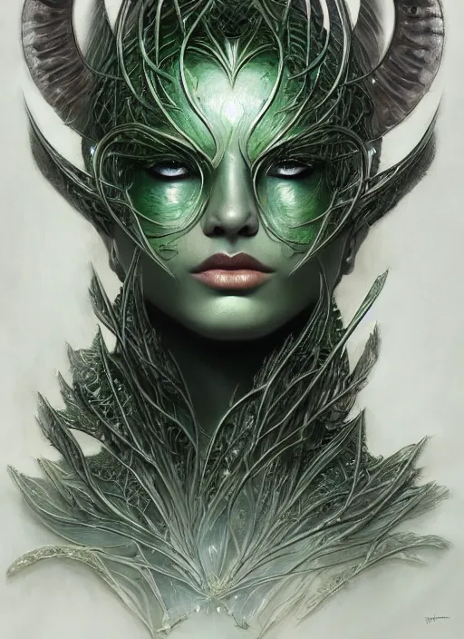 Image similar to full portrait of witchqueen, green metal shiny skin. intricate, elegant, highly detailed, centered, digital painting, artstation, concept art, smooth, sharp focus, illustration, artgerm, tomasz alen kopera, peter mohrbacher, donato giancola, joseph christian leyendecker, wlop, frank frazetta