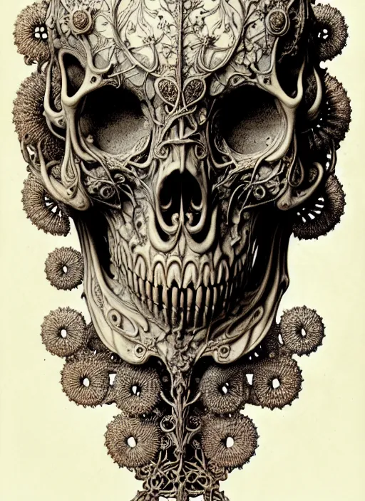 Image similar to art forms of nature by ernst haeckel, memento mori by arthur rackham, ornate antique porcelain beautiful skull mask, ultrasharp, photorealistic, hyperdetailed, octane render, polished, art nouveau, neo - gothic, gothic, intricate ornamental organic filigree, art nouveau botanicals, art forms of nature by ernst haeckel, horizontal symmetry, symbolist, visionary