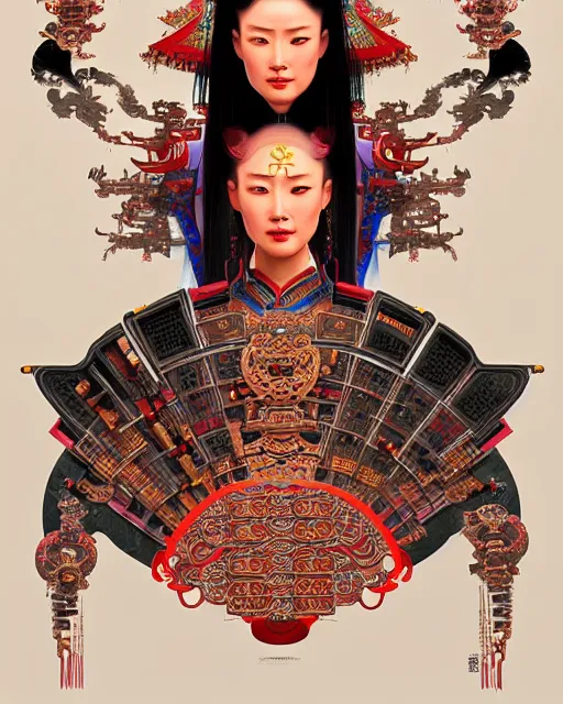 Image similar to portrait of a chinese cyberpunk machine, machine face, arms, upper half portrait, decorated with chinese opera motifs, regal, asian, fine china, wuxia, traditional chinese art intricate intense elegant 京 剧 highly detailed digital painting artstation concept art smooth sharp focus illustration, art by artgerm and greg rutkowski alphonse mucha 8 k