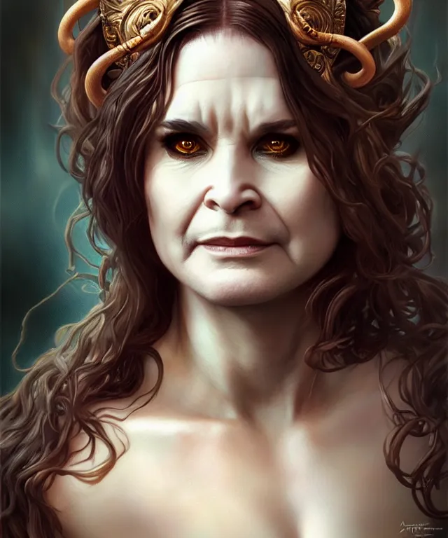 Image similar to ozzy osborne as a female fantasy satyr, portrait, fantasy, intricate, elegant, highly detailed, digital painting, artstation, concept art, smooth, sharp focus, illustration, art by artgerm and greg rutkowski and alphonse mucha