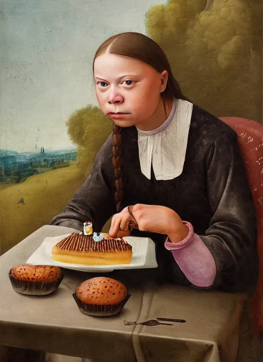 Prompt: greta thunberg eating cakes painted by hieronymus bosch, detailed digital art, trending on Artstation