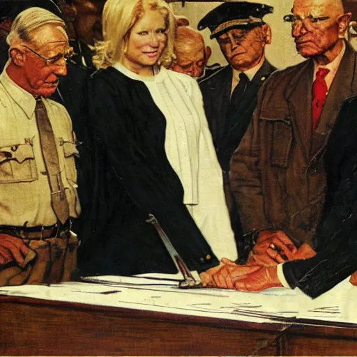 Image similar to liz cheney being judged at the nuremberg trials, artist norman rockwell,