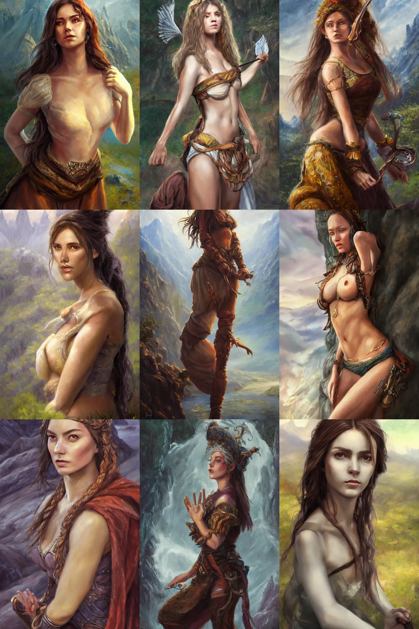 Prompt: a full body high detail fantasy portrait oil painting illustration of a single beautiful poised bard woman by justin sweet with face and body clearly visible, in a scenic background, pretty eyes, realistic proportions, d & d, rpg, forgotten realms, artstation trending, high quality, sombre mood, artstation trending, muted colours, entire person visible!