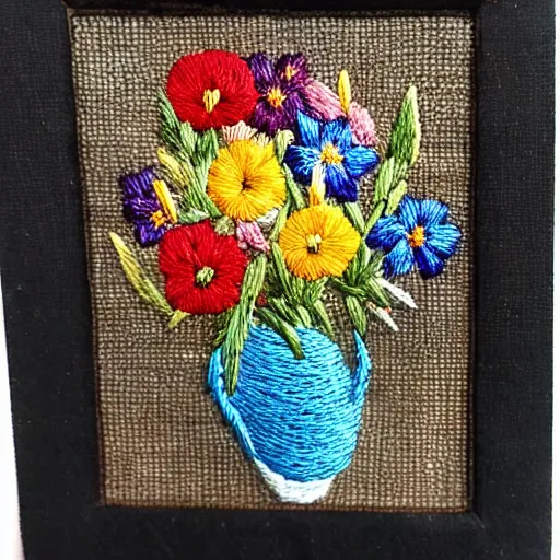 Image similar to a tiny beautiful handmade embroidery of a stunning bouquet of flowers. hand embroidery.