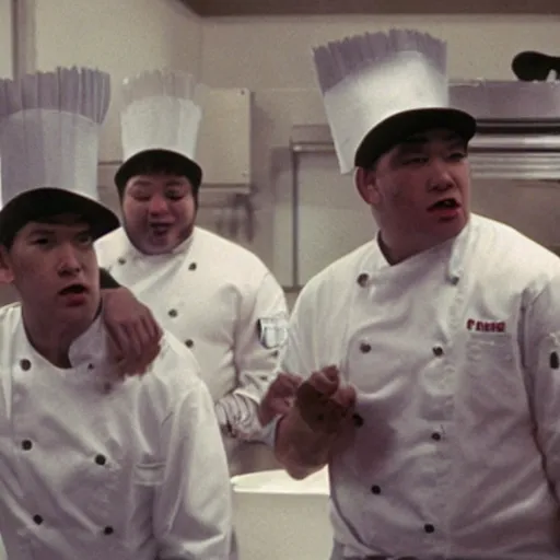 Image similar to wide scenic shot from the scene from the David Lynch production of Godzilla where the conjoined chefs cook. The chefs are conjoined at the head and neck, they share one head. Cinematic, VHS copy, film grain, 35mm film.